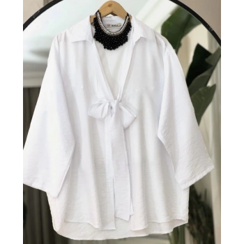 Ön Bağlamalı Kimono Keten Gömlek Beyaz