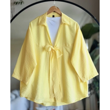 Ön Bağlamalı Kimono Keten Gömlek Sarı