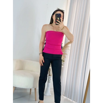 Pembe Çift Yırtmaçlı Straplez Bluz