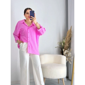 Pembe Çizgili omuz Düşük Gömlek