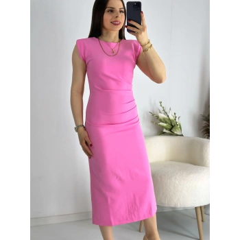 Pembe Omuz Vatkalı Drape Elbise