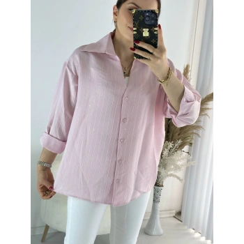 Pembe Pul Detay çizgili Gömlek