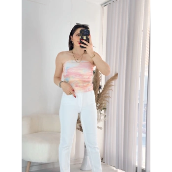 Pembe Straplez Tül Bluz