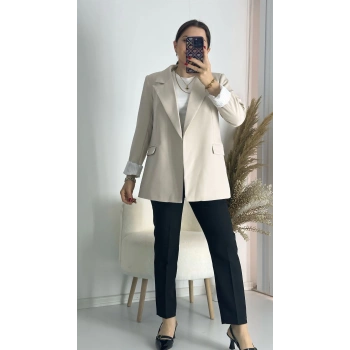 Premium Kalite Astar Çizgili Bej Ceket