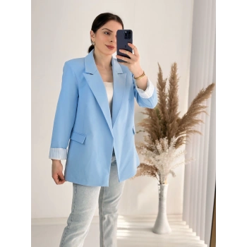 Premium Kalite Kravuze Yaka Astar Çizgili Ceket Mavi