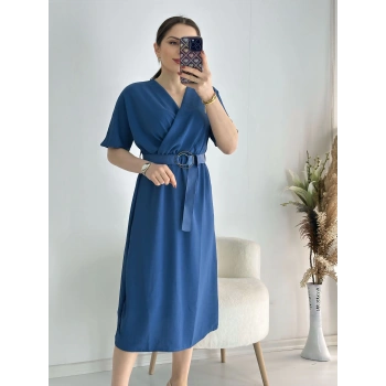 Saks Kravuze Yaka Keten Elbise