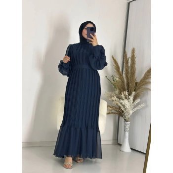 Sık Pileli Balon Kol Elbise Lacivert