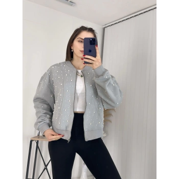 Şık Tasarımlı İncili Şardonlu Crop Top Sweatshirt Gri