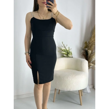 Siyah Askıları Taşlı Mini Elbise