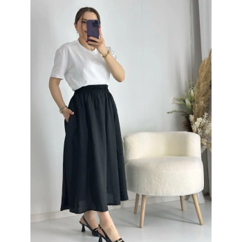 Siyah Beli Lastiklı Kloş Balon Etek