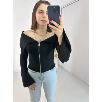 Siyah Fermuarlı İspanyol Kol Ottoman Bluz