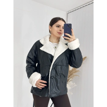 Siyah İçi Kürklü Deri Mont