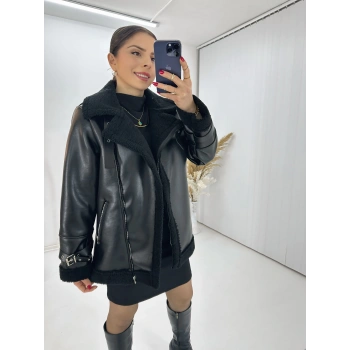 Suni Deri Kürklü Biker Mont