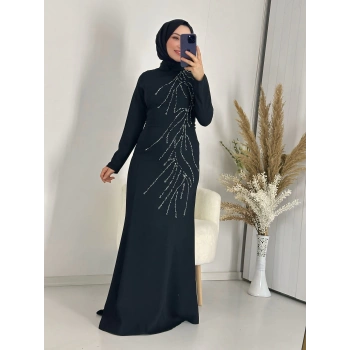 Taş Detay Abiye Elbise Siyah