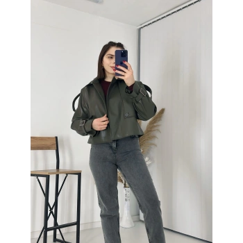 Tasarım Parçalı Kısa Deri Ceket Haki