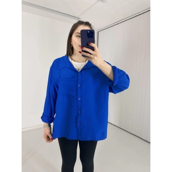 Tek Cepli Oversize Keten Gömlek Mavi