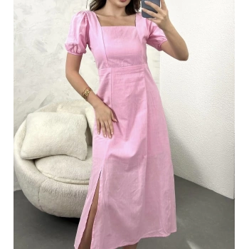 TOZ PEMBE SIRT DEKOLTE KETEN ELBİSE