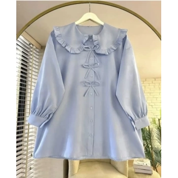 Yaka Detay Fiyonklu Gömlek Mavi