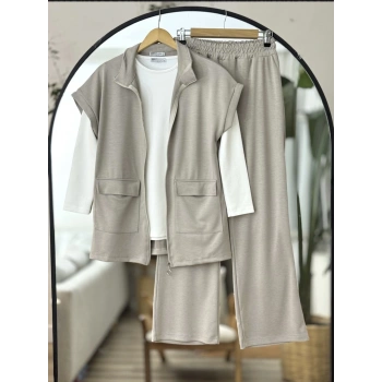 Yelekli Fermuarlı Üçlü Takım Bej