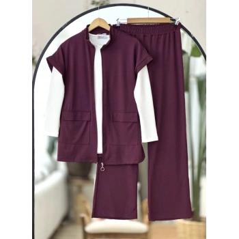 Yelekli Fermuarlı Üçlü Takım Bordo