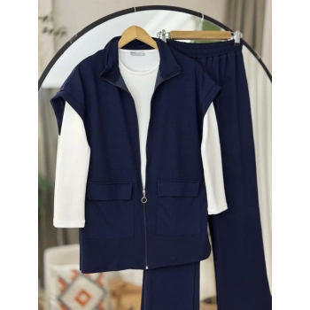 Yelekli Fermuarlı Üçlü Takım Lacivert