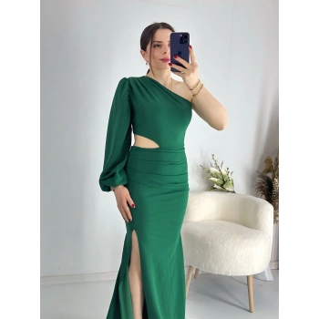 Yeşil Bel Dekolteli İthal Krep Kumaş Tek Kol Abiye
