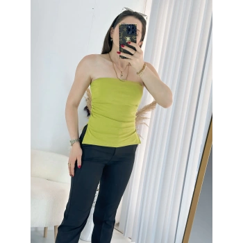 Yeşil Çift Yırtmaçlı Straplez Bluz