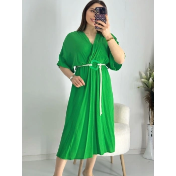 Yeşil Kravuze Kemerli Elbise