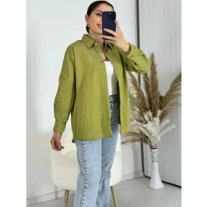 Ağaç Kabuğu Oversize Keten Yağ Yeşil Gömlek