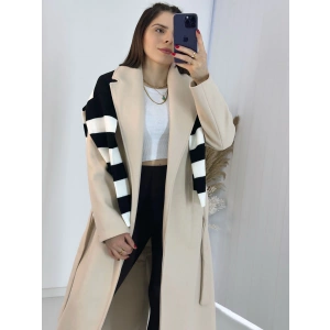 Bej İçi Astarlı Kemerli Uzun Kaşe Kaban