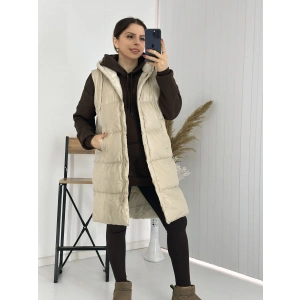 Bej Kapişonlu Uzun Şişme Yelek