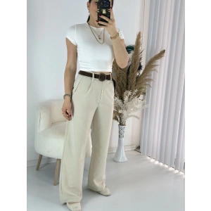 Bej Kemerli Keten Palazzo Pantolon