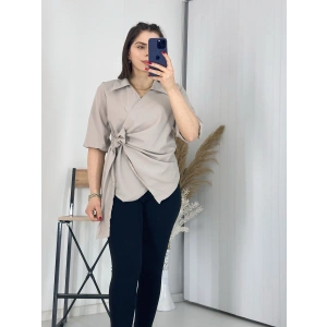 Bej Kravuze Yaka Bel Bağlamalı Gömlek