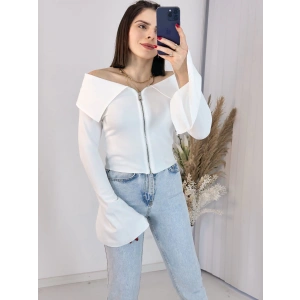 Beyaz Fermuarlı İspanyol Kol Ottoman Bluz