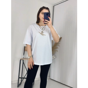 Beyaz Gold Taş İşlemeli Kuşlu Tişört