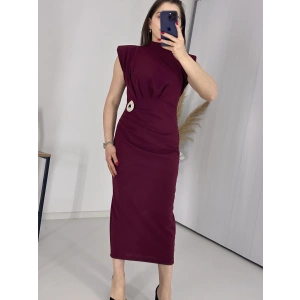 Bordo BROŞLU Vatkalı Krep Elbise