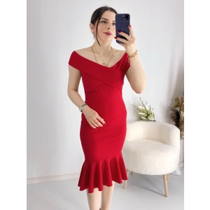 Kırmızı Çapraz Yaka Kolsuz Etek Ucu Valonlu Kalem Elbise