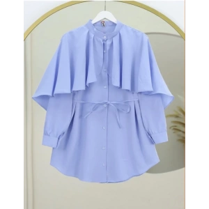 Dik Yaka Pelerin Detaylı Poplin Gömlek Mavi