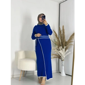 Eteği Bağlamalı Triko Elbise Saxs