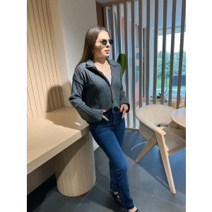 Fitilli fermuar detay hırka gri