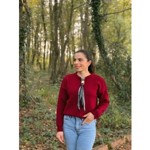 Fular detay düz yaka kazak bordo