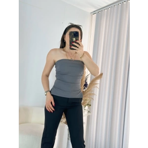 Gri Çift Yırtmaçlı Straplez Bluz