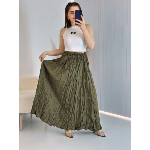 Haki Yeşil Kraşlı Pamuk Uzun Etek
