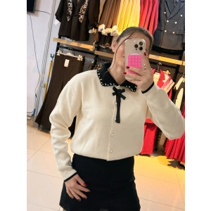 İnci taşlı Polo yaka kazak bej