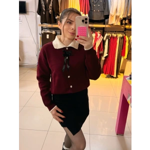 İnci taşlı Polo yaka kazak bordo