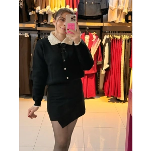 İnci taşlı Polo yaka kazak siyah