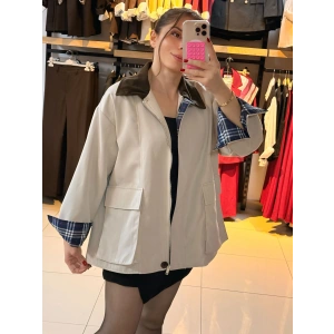 Kadife yaka ekose astar Trenç mont Bej