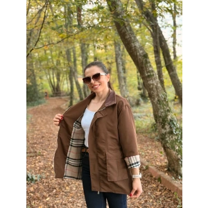 Kadife yaka ekose astar Trenç mont kahve