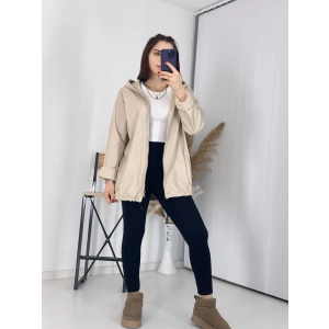 Kapşonlu Bej Deri Yağmurluk