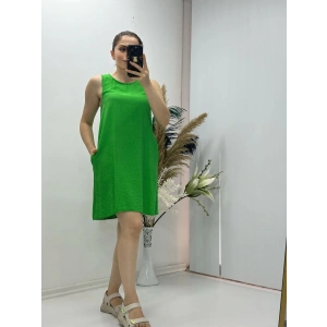 Keten Kumaş Kolsuz Elbise Yeşil